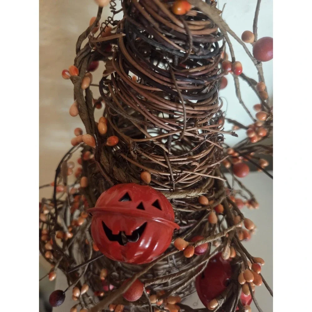 Autumn Rattan Tabletop/Shelf Rustic Tree  w Pumpkins & Berry Garland Fall Decor